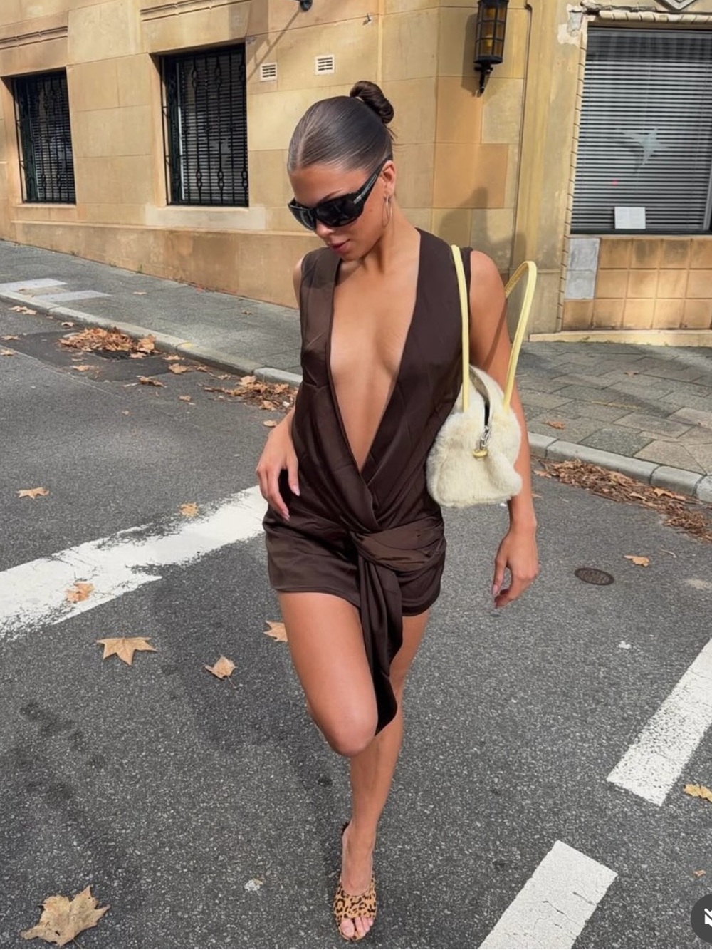 Plunging Tie-Waist Mini Dress in Brown